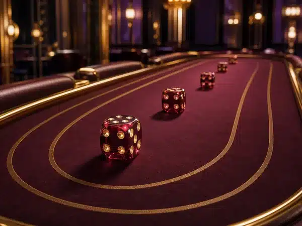 Decorative red dice arranged on a red gaming table