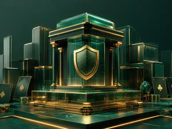 Decorative green-and-gold glass structure with a shield motif and playing cards
