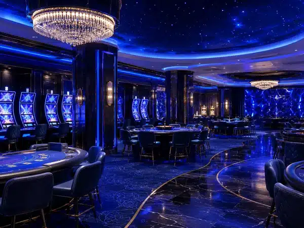 Decorative blue-lit gaming lounge with tables and chandeliers
