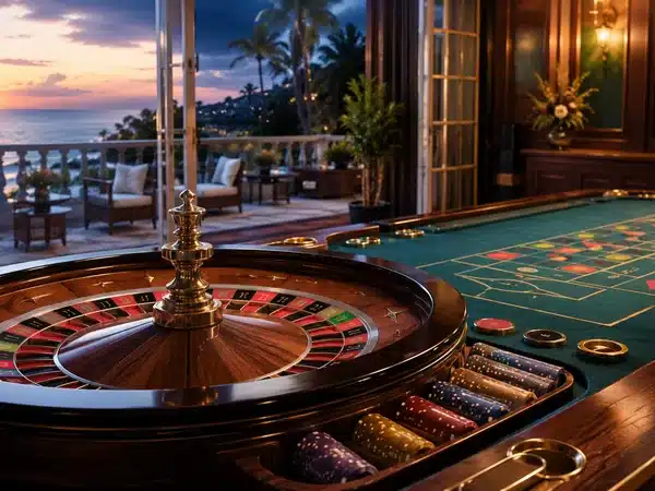 Decorative roulette table overlooking a tropical sunset