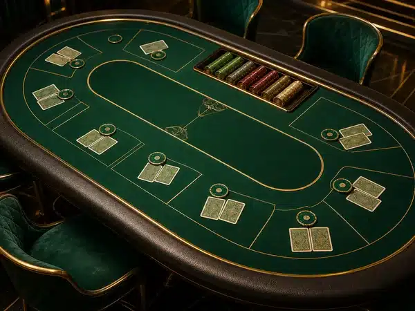 Decorative green card table with chips and playing cards