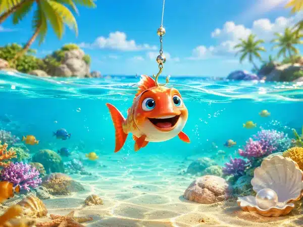 Decorative cartoon fish and pearl in a tropical underwater scene