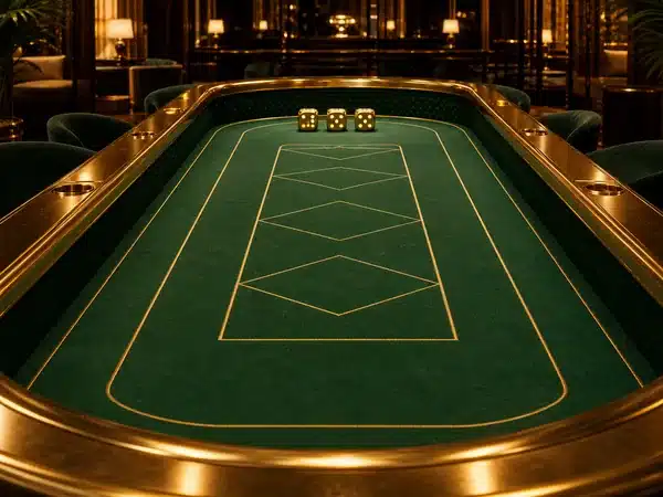 Decorative green and gold gaming table with dice