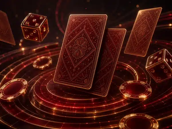 Decorative red playing cards, dice and chips