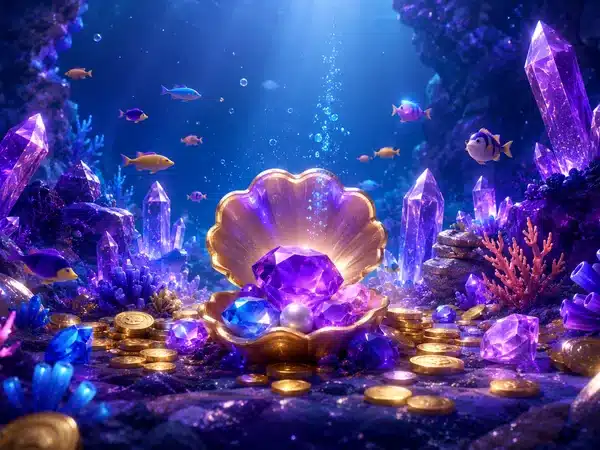 Decorative underwater crystal, pearl and treasure scene