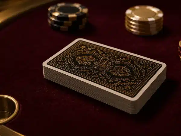 Decorative deck of ornate playing cards and chips on red felt