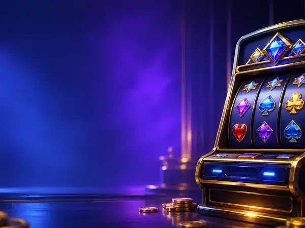 Decorative slot machine with colourful symbols and chips