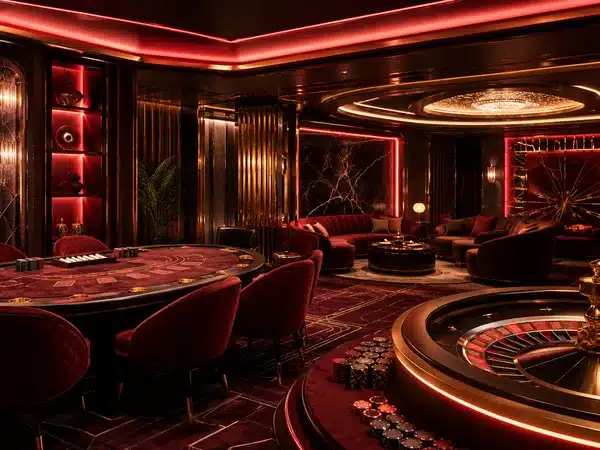 Decorative red and gold casino interior with gaming tables