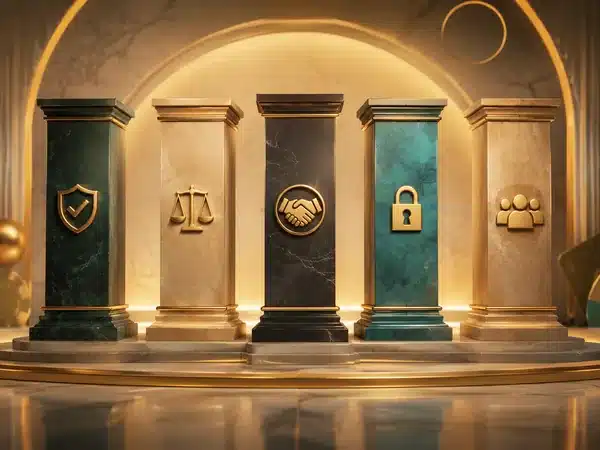 Decorative columns with shield, scales, handshake and lock symbols