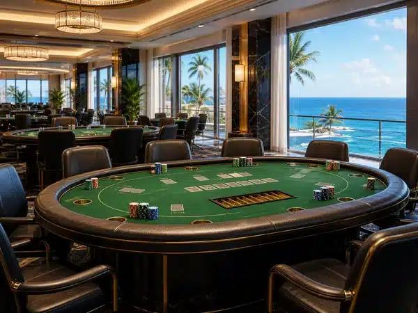 Green poker table with cards and chips beside an ocean-view window
