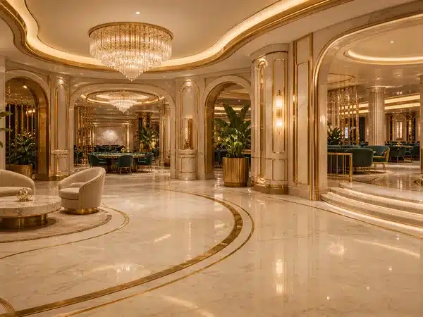 Decorative cream-and-gold lounge with chandeliers and marble floors