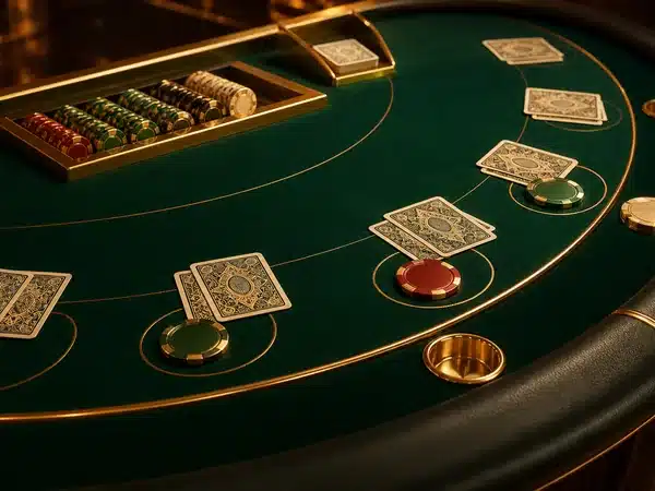 Decorative green card table with face-down cards and red and green chips