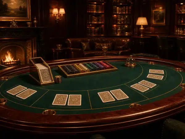 Decorative green card table in a warm wood-panelled room with a fireplace