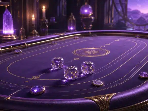 Decorative crystal dice on a purple gaming table