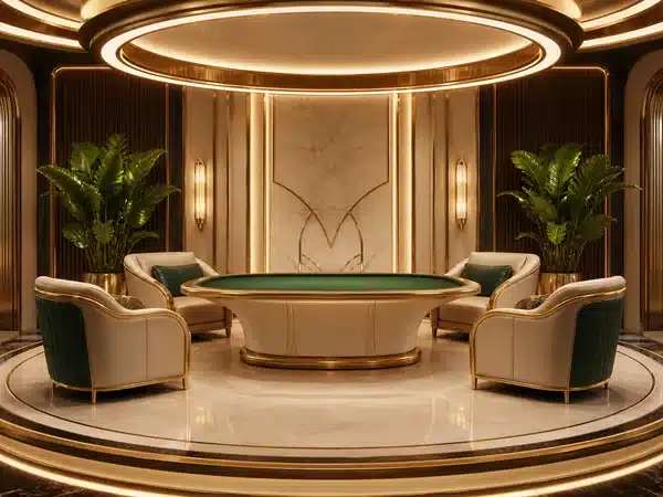 Decorative lounge with a green table and cream chairs