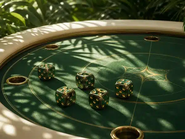 Decorative green dice on a sunlit green gaming table