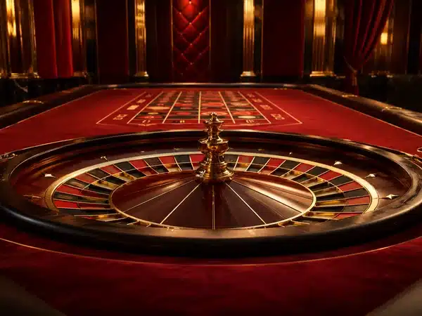 Decorative roulette wheel on a red and gold gaming table