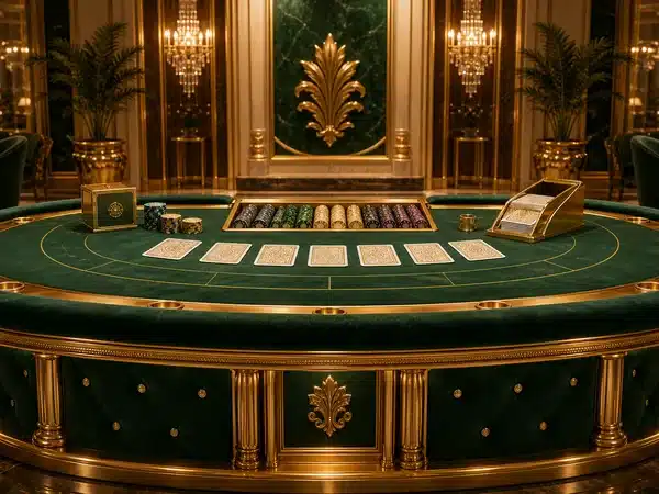 Decorative green card table with chips in a gold-trimmed lounge