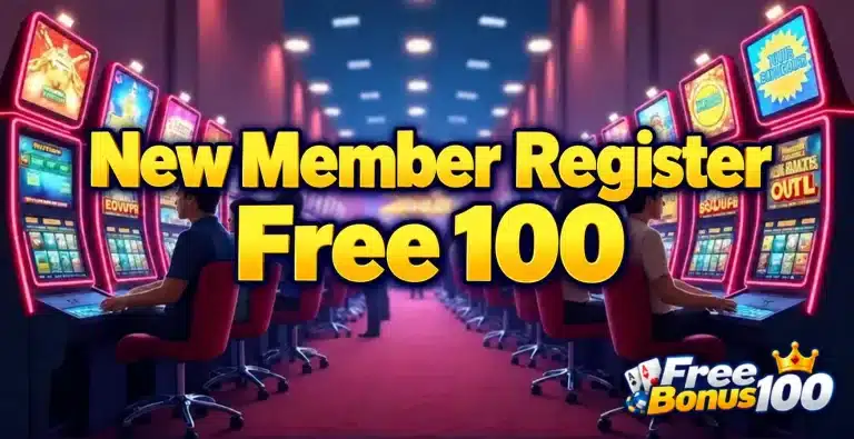 Casino-floor illustration with New Member Register Free 100 slogan and Free Bonus 100 logo watermark