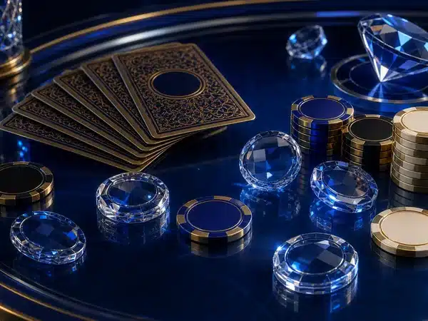 Decorative playing cards, chips and blue glass gems