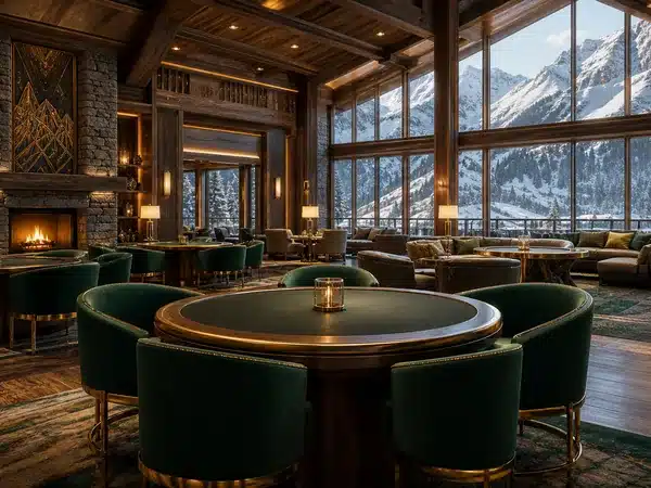 Decorative mountain-view lounge with green chairs