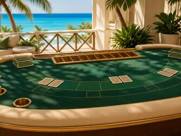 Decorative baccarat table beside a tropical terrace