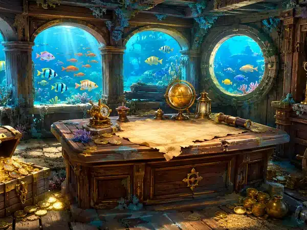 Decorative underwater study with a map, globe, fish and treasure