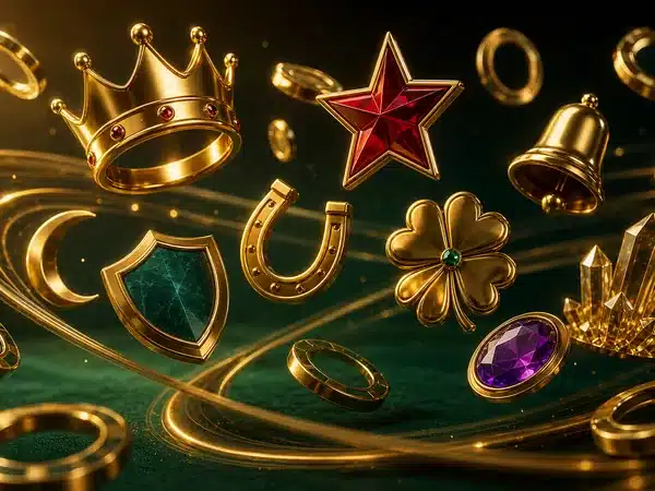 Decorative gold crown, red star, horseshoe, clover and jewels