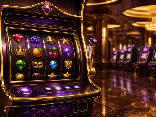 Decorative black-and-gold slot machine with colourful symbols in a lounge