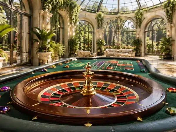Decorative roulette table in a sunlit conservatory