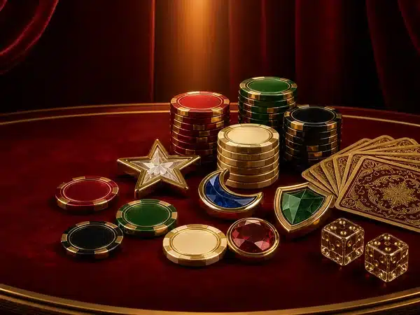 Decorative casino chips, playing cards and dice on red velvet