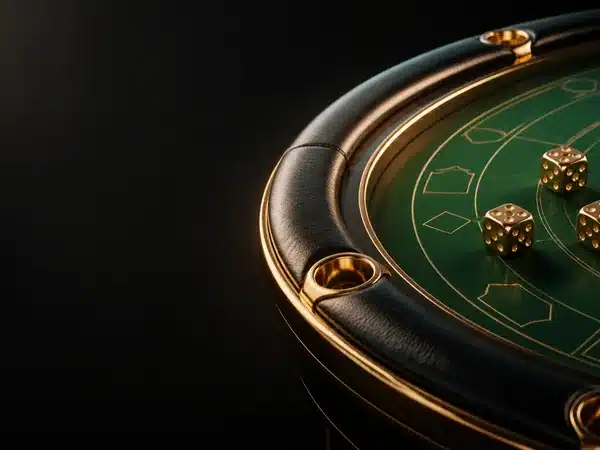 Decorative green gaming table with gold dice and a padded edge