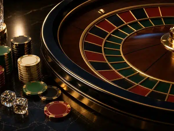 Decorative roulette wheel with coloured chips and clear dice