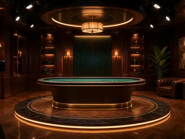 Decorative green casino table in a wood-panelled room