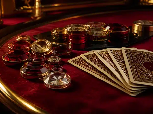 Decorative red card table with playing cards and gemstone-style chips