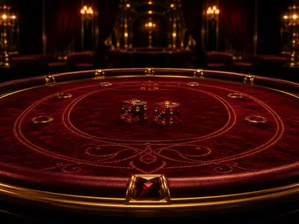 Decorative red and gold gaming table with dice