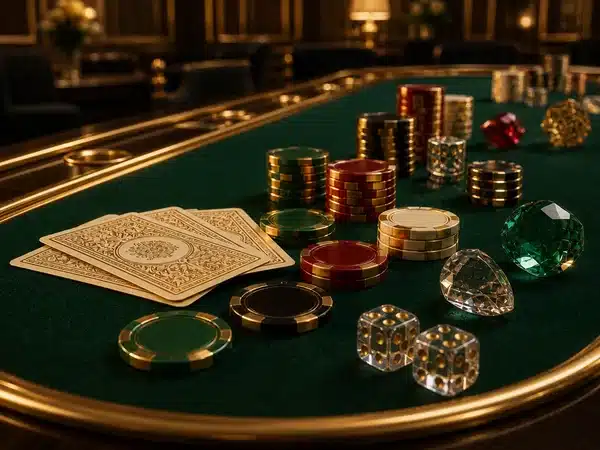 Decorative green card table with cards, dice and stacked chips