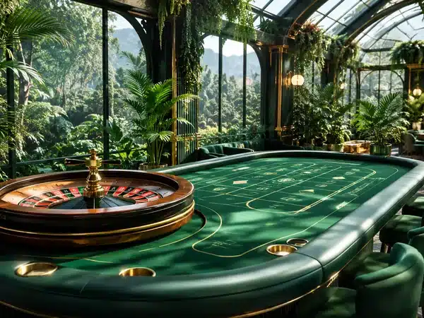 Decorative roulette table in a tropical glass conservatory