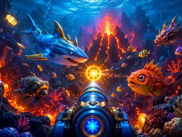 Decorative underwater arcade scene with fish and a cannon