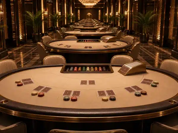 Decorative cream card tables in a casino interior