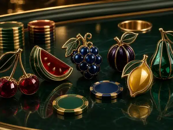 Decorative fruit-shaped jewels and casino chips on green felt