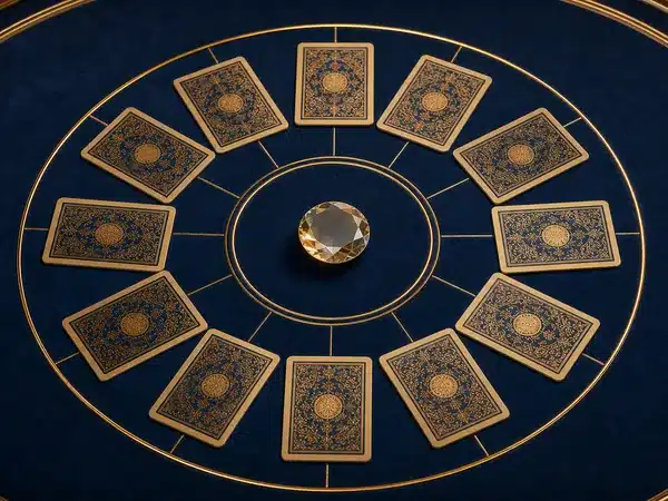 Decorative circle of face-down playing cards on blue felt