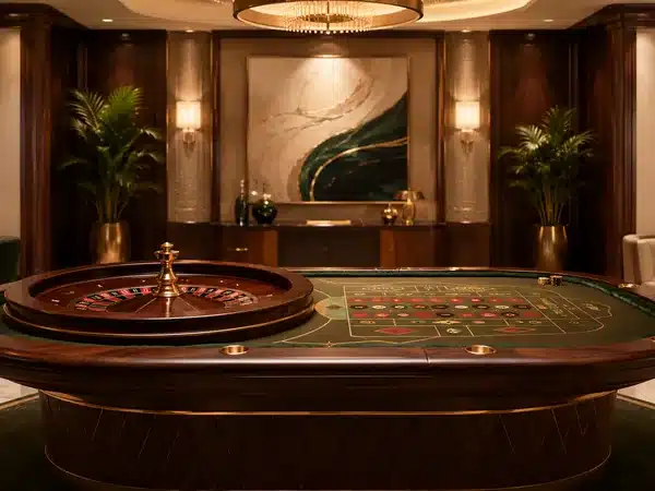 Decorative roulette table in a warmly lit lounge