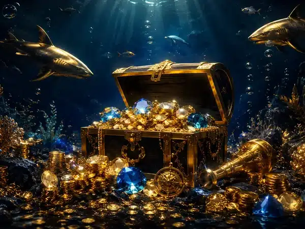 Decorative underwater treasure chest with blue gems and golden fish