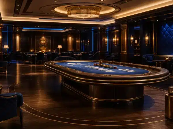 Decorative blue gaming table in a warmly lit casino room