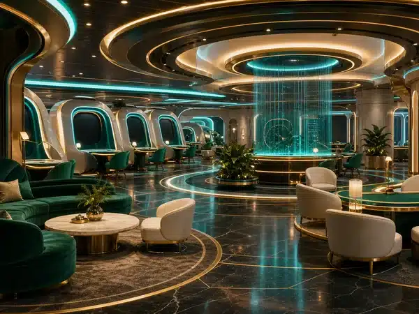 Decorative modern lounge with green seating and illuminated ceiling