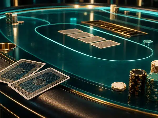 Decorative playing cards and chips on a teal gaming table