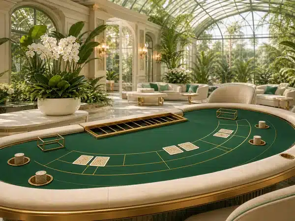 Green card table with chips in a glass-roofed garden lounge