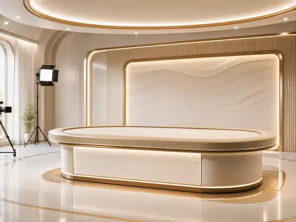Cream and gold studio table with lighting equipment