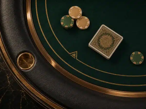 Decorative playing cards and chips on a green and gold table